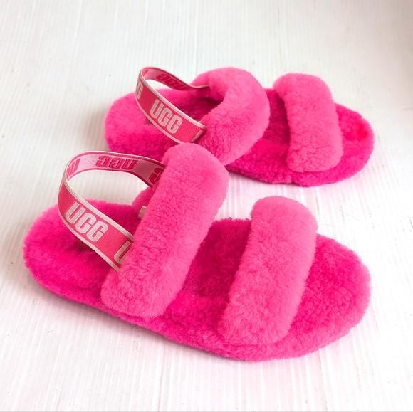 UGG Other - UGG Oh Yeah Slide Kids Fuzzy Pink Slingback Slippers Size 4